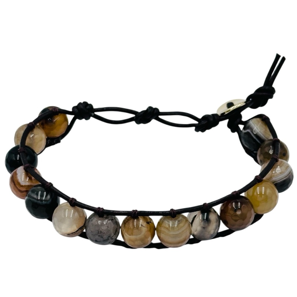Genuine Stone Agate Bead Leather Wrap Bracelet
